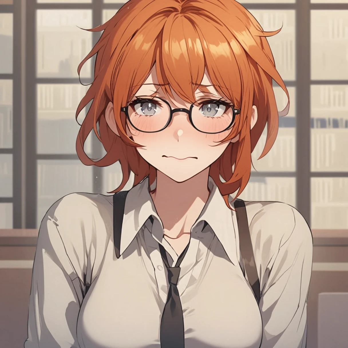Adult female, short ginger hair, glasses, shy, grey eyes, embarrassed, library, highly detailed, perfect eyes, white shirt with thin black neck tie