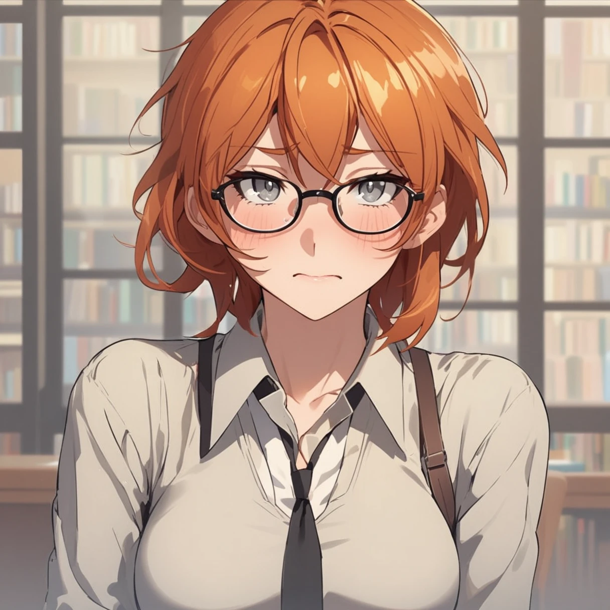 Adult female, short ginger hair, glasses, shy, grey eyes, embarrassed, library, highly detailed, perfect eyes, white shirt with thin black neck tie