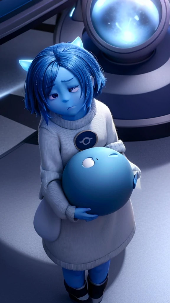 Movie Sadness Funnily, Grieving, holding a blue sphere, , chibi
