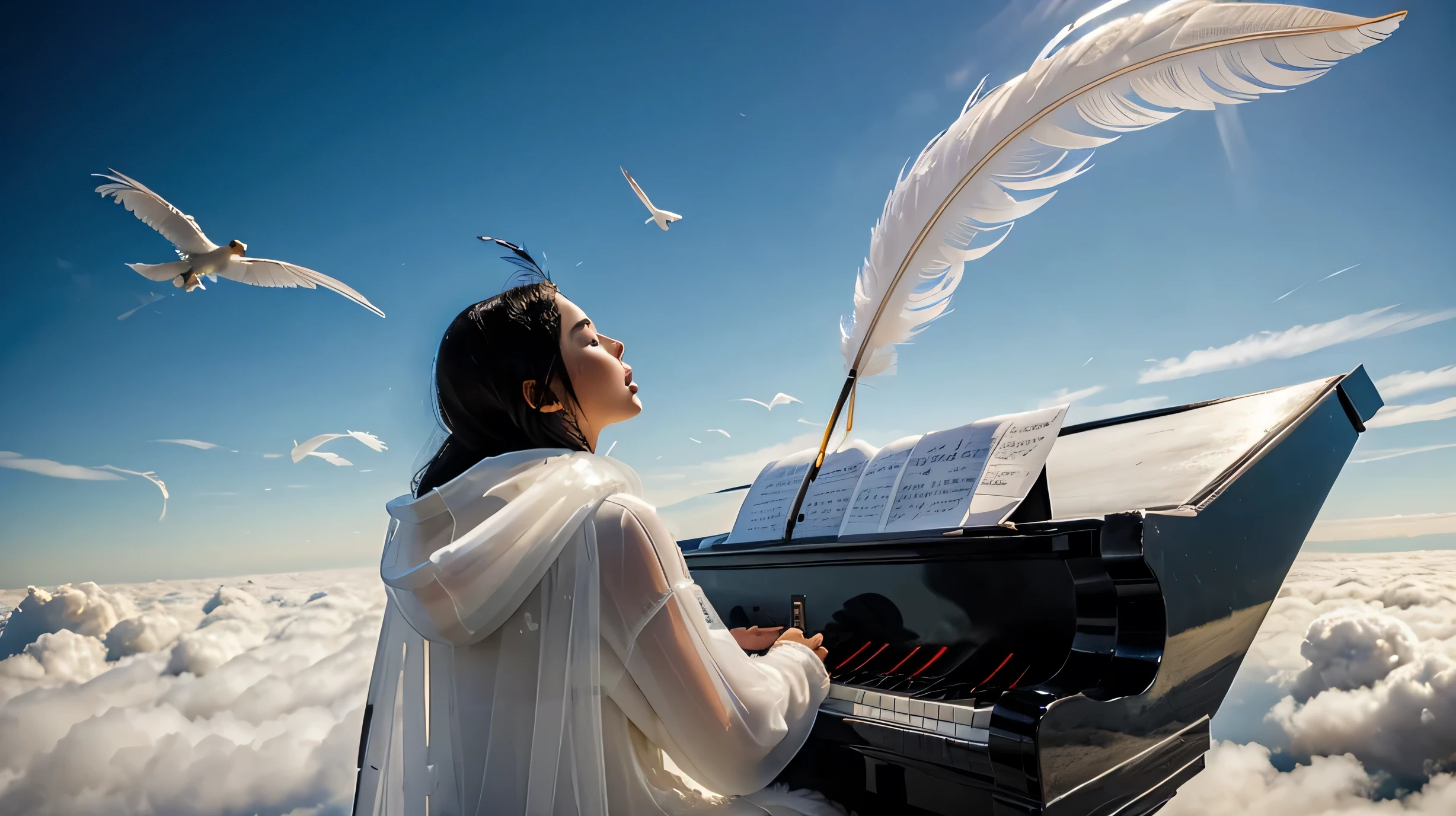 Above the Clouds(battlefield) ((long shot)), (full shot), night, alone, eyes closed, mouth open, singing, pile of rubble, side view, profile,
((numerous feathers in the sky)), battlefield, fire, ruins, high quality, grand piano on battlefield, lone pianist, angel, ((woman in white hoodie singing while playing piano)), ((two large white translucent multimeter feathers on woman's back)), cool woman, fantastic, long black hair ((fullshot)))