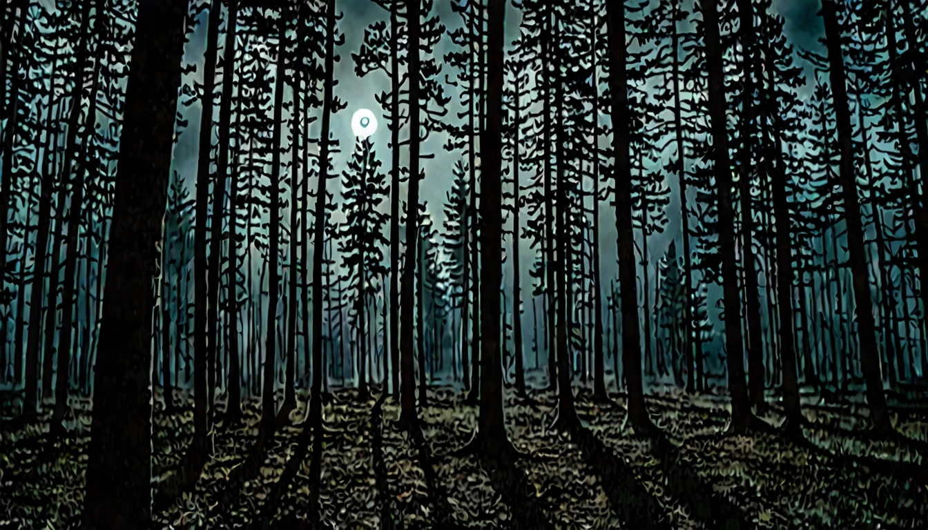 Forest at night, moonlight, eerie ambiance, mysterious shadows