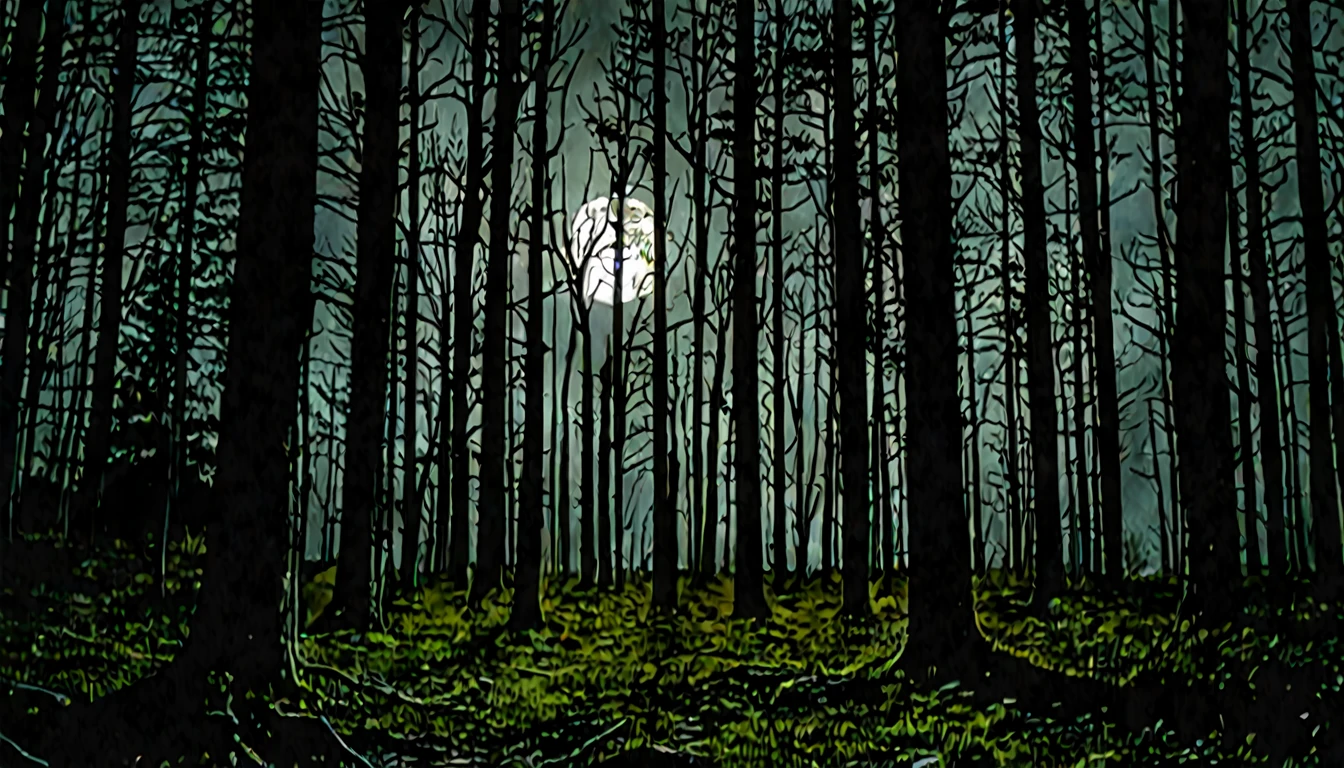 Forest at night, moonlight, eerie ambiance, mysterious shadows
