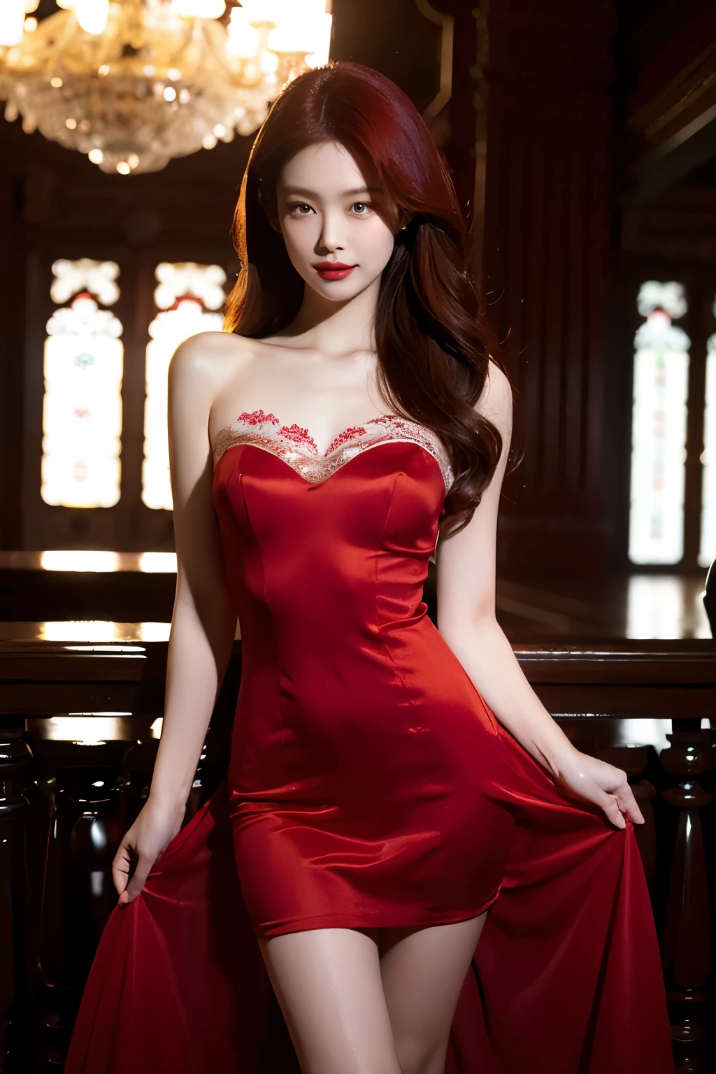 "Create a high-quality image featuring a woman with red hair, fair skin, and impeccable red lipstick application, embodying an elegant and sensual aesthetic. The lighting should be skillfully arranged to play with light and shadow, enhancing her facial features and providing a glamorous atmosphere. The woman should be dressed in a high-fashion piece, such as a long red dress with refined visual details like lace or embroidery, captured by the camera with precision. The depth of field should be carefully adjusted to emphasize the protagonist, while the blurred background adds an artistic touch to the composition. Utilize camera effects like soft bokeh and a carefully chosen color palette to craft a visually stunning and captivating image."