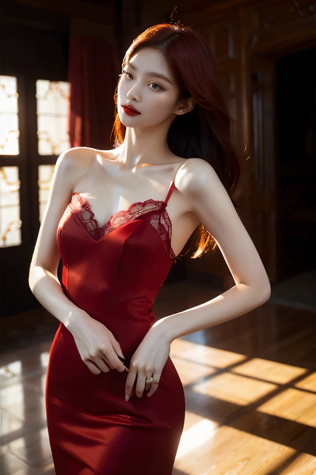 "Create a high-quality image featuring a woman with red hair, fair skin, and impeccable red lipstick application, embodying an elegant and sensual aesthetic. The lighting should be skillfully arranged to play with light and shadow, enhancing her facial features and providing a glamorous atmosphere. The woman should be dressed in a high-fashion piece, such as a long red dress with refined visual details like lace or embroidery, captured by the camera with precision. The depth of field should be carefully adjusted to emphasize the protagonist, while the blurred background adds an artistic touch to the composition. Utilize camera effects like soft bokeh and a carefully chosen color palette to craft a visually stunning and captivating image."