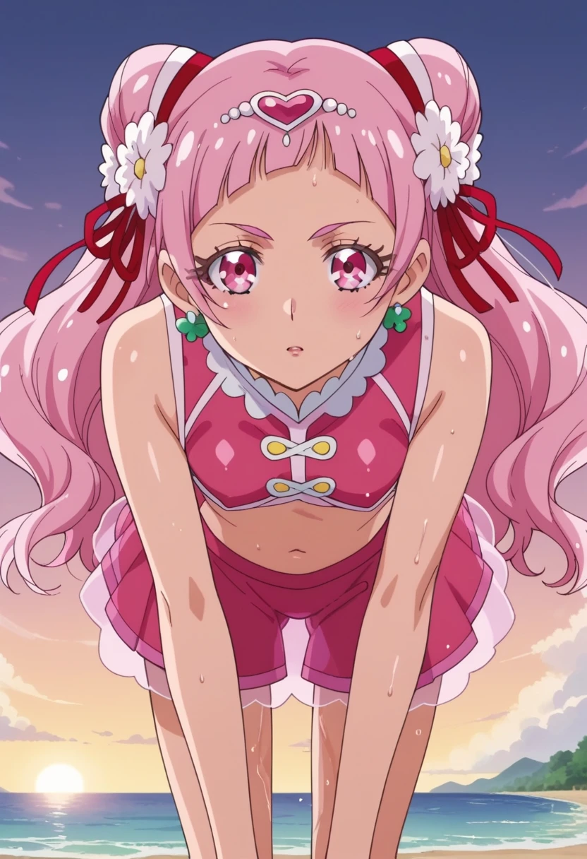 anime, (high quality, detailed, beautiful), shiny, detailed beautiful eyes, outstanding, countershading, detailed soft lighting, an exquisite animation illustration, score_9, score_8_up, score_7_up, source_anime, anime screencap, anime coloring, sidelighting, shiny luminous, 1girl, solo, solo focus, cure yell, small breasts, flat busts, shiny skin, wet skin, very sweaty, very wet skin, steaming body, smiles, pom pom, skirt up, bent over, leaning forward, ass, pink sport shorts, from behind, looking at viewer, looking through own legs, sky, cowboy shot, outdoors, beach side, sunset, evening, expressiveh, confused, attractive poses