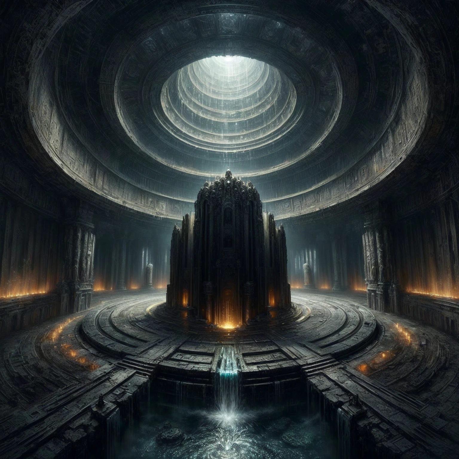 a large circular structure with a fountain in the center, symmetrical epic fantasy art, huge futuristic temple city, ancient biomechanical temple, mystical sci-fi concept art, futuristisches Setting, cyberpunk temple, old yet futuristic, surreal sci-fi stage design, futuristic palace, von Beeple, Sci-Fi-Epos, Arte Digital, dunkle Science-Fiction-Kunst