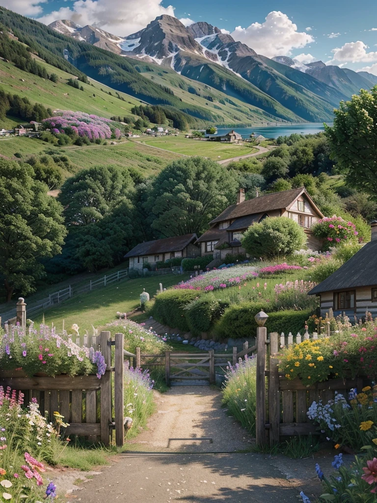 painting of a cottage, flowers beside of fence, fence along the road, mountain landscape with a lake and a boat, illustration matte painting, inspired by Thomas Kinkade, symmetric matte painting, detailed scenery , style raw, 8 k ultra detailed