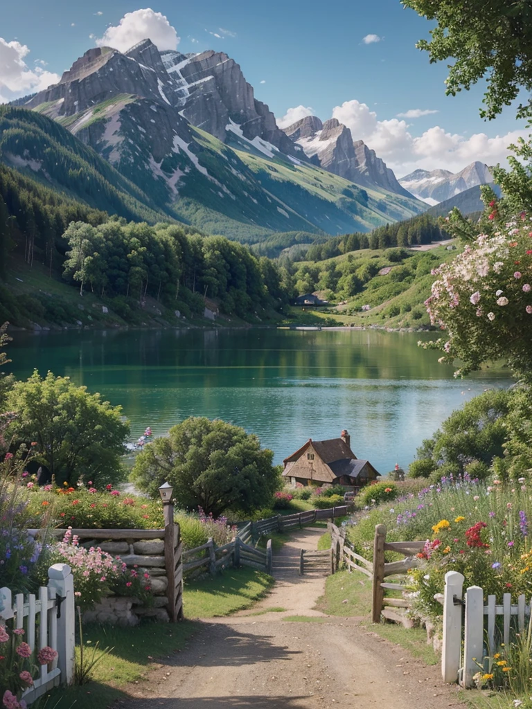 painting of a cottage, flowers beside of fence, fence along the road, mountain landscape with a lake and a boat, illustration matte painting, inspired by Thomas Kinkade, symmetric matte painting, detailed scenery , style raw, 8 k ultra detailed