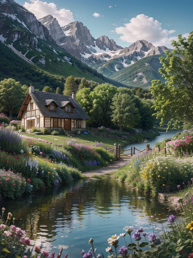painting of a cottage, flowers beside of fence, fence along the road, mountain landscape with a lake and a boat, illustration matte painting, inspired by Thomas Kinkade, symmetric matte painting, detailed scenery , style raw, 8 k ultra detailed