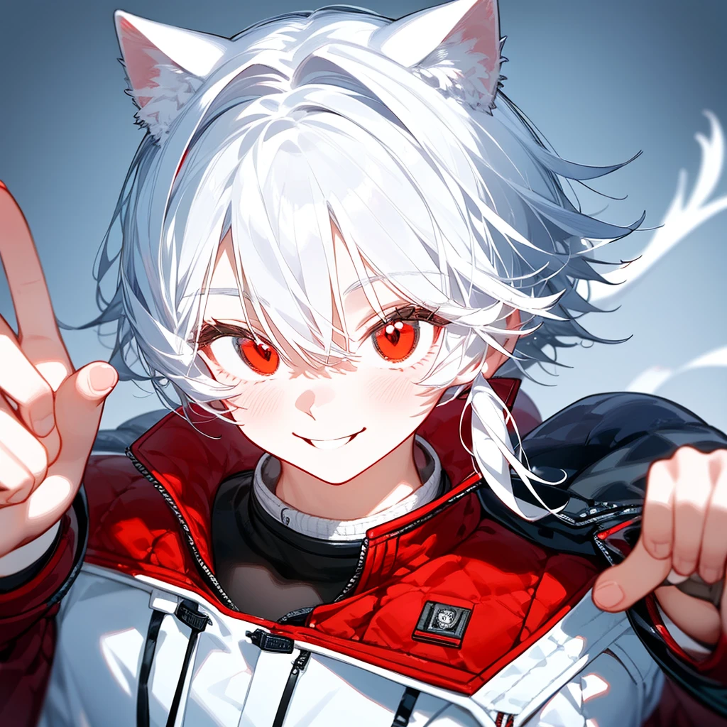 A solo cat boy, With white hair, red eyes, smiling photo pose , wearing jacket, bust up,cute boy