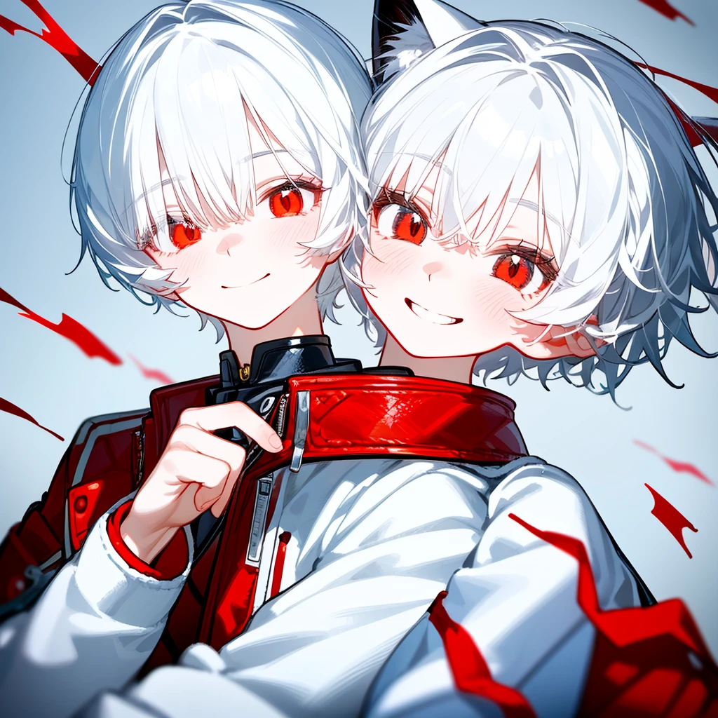 A solo cat boy, With white hair, red eyes, smiling photo pose , wearing jacket, bust up,cute boy
