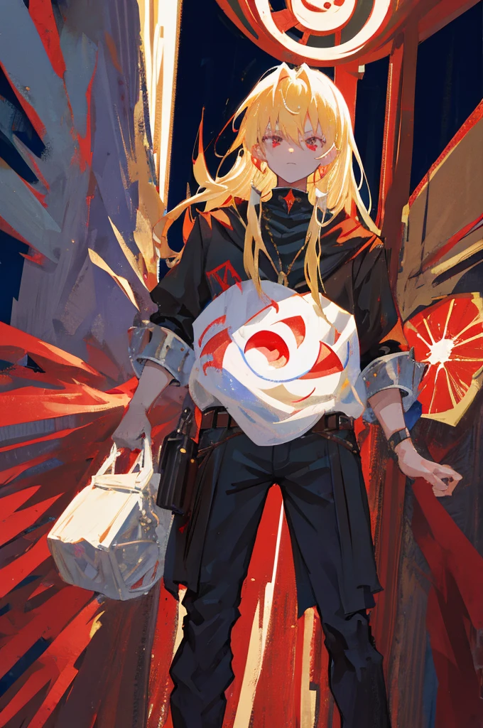 medieval ages, evil male vampire king, european noble clothing, nighttime, blonde hair, red eyes.