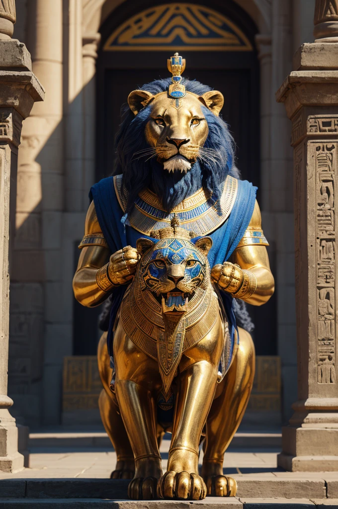 ((best quality)), ((masterpiece)), (detailed), perfect face
Cinematic image of a humanoid lion holding a bottle from ancient Egypt on a walkway with several blue lotus flowers and next to him a black panther behind a golden metal dark steel pyramid with several ancient Egyptian writings