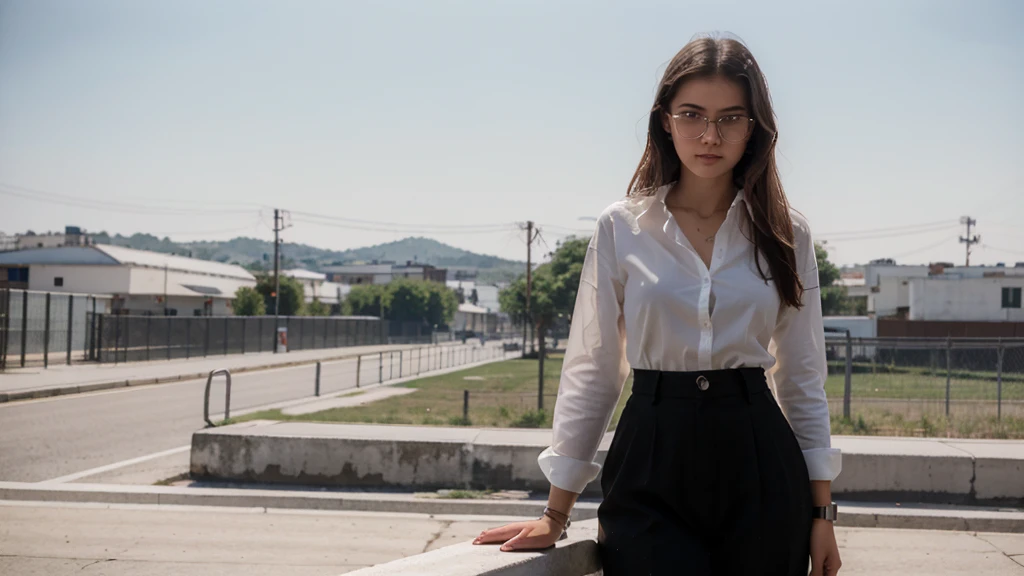 Full body photo of beautiful girl, russian girl, cute girl, good looking girl, 20 years old, school girl, wear white shirt, untidy  shirt, messy  shirt, untucked white shirt, black pants, wear black glasses, wear watch, ultra details.