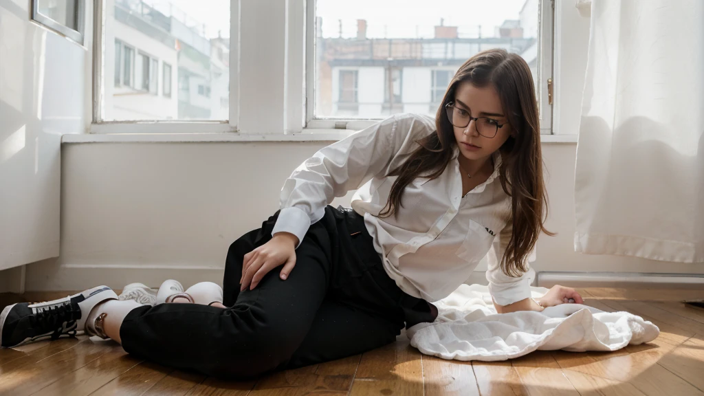 Full body photo of beautiful girl, russian girl, cute girl, good looking girl, 20 years old, school girl, wear white shirt, untidy shirt, messy shirt, untucked white shirt, black pants, wear black glasses, wear watch, ultra details.