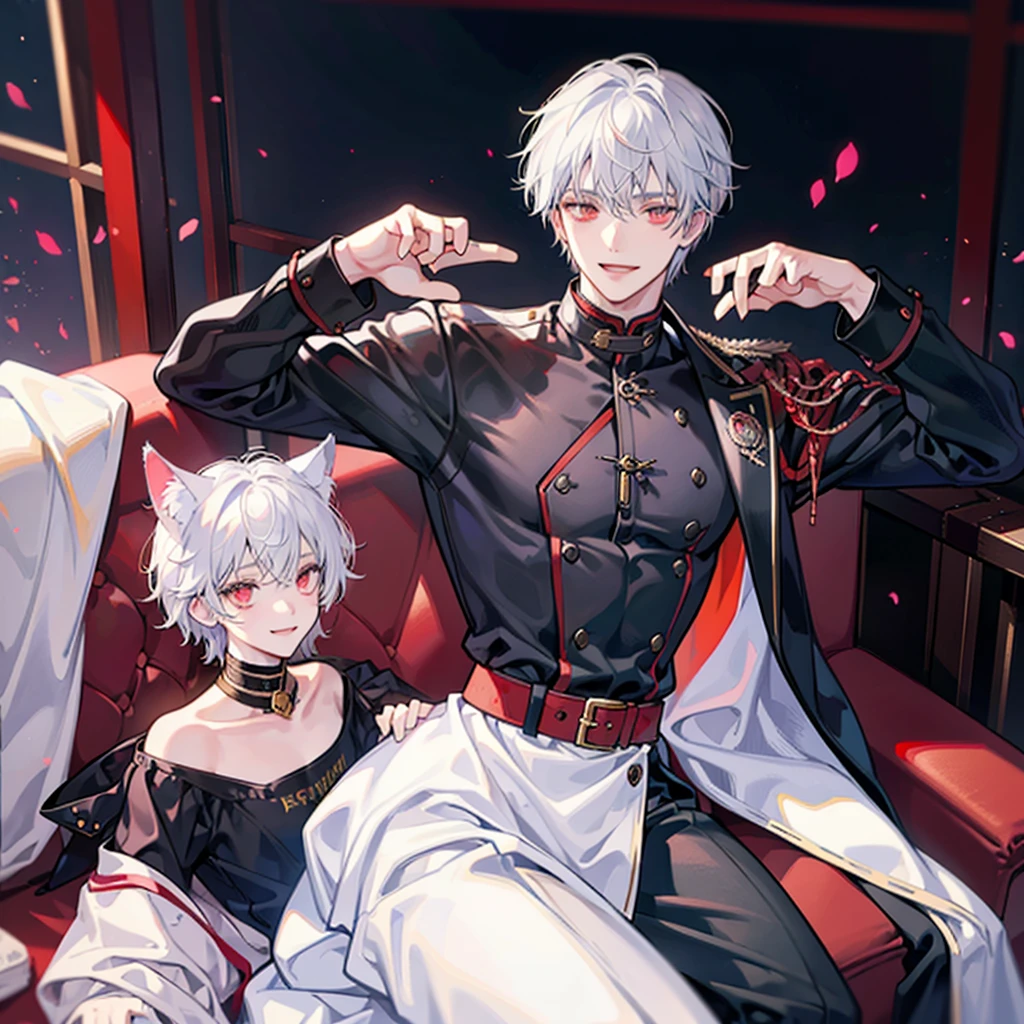 A cat boy, With white hair, red eyes, smiling photo pose , wearing jacket, bust up,cute boy