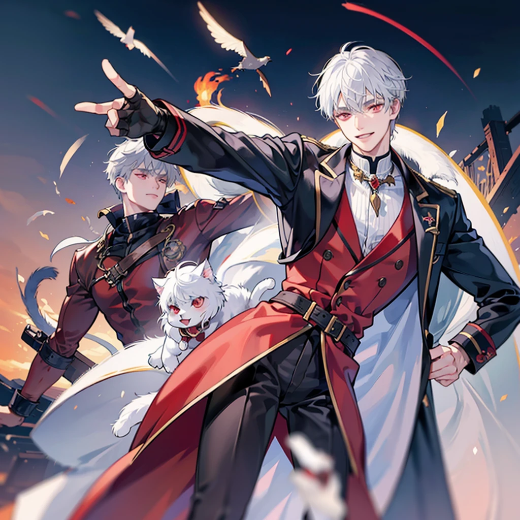 A cat boy, With white hair, red eyes, smiling photo pose , wearing jacket, bust up,cute boy