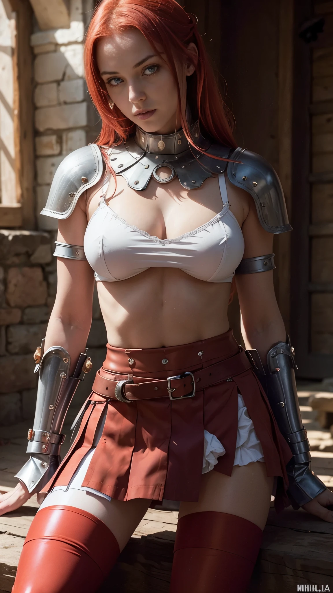 Red-haired warrior girl, young girl, pretty face, thin girl, pretty girl, skinny girl, She's wearing a plate armor, medieval armor, steel breastplate, steel gauntlets, steel gloves, (red miniskirt: 1.5), (sitting, spread her legs: 1.1), (her panties are showing: 1.2), you can see her panties, underwear, pantyshot, upskirt, (cameltoe: 1.3), (white panties), panties appearing, medieval fantasy, Dungeons and dragons, RPG character, best quality, (masterpiece), 8k