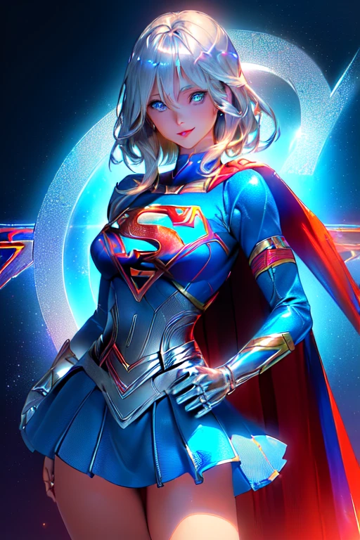 ((tanned adult woman), ((short blonde hair, blue colored eyes,)), slim and beautiful smile, ((dressed like a supergirl umlwotard, with silver details on the hips, right on the butt)), red lipgloss stick, ( (standing, looking at the camera)), Masterpiece artwork, high qualiy, back-illuminated)),Idiot behind the thong