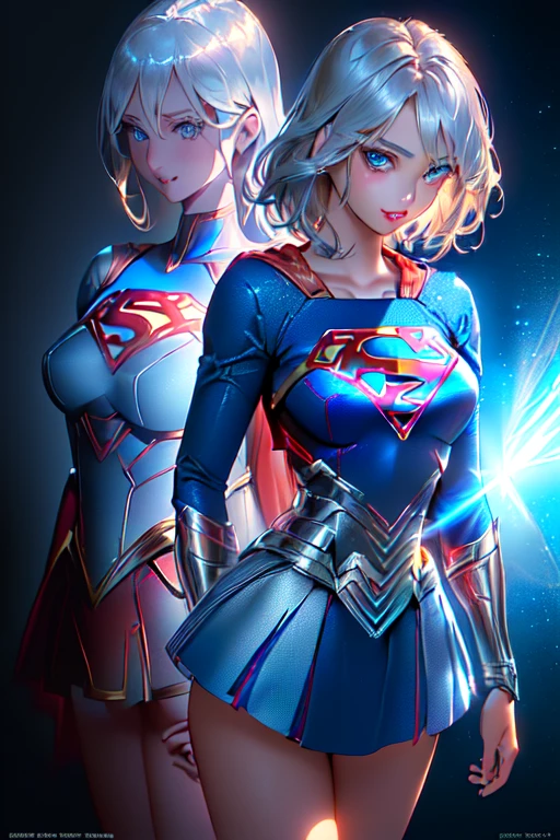 ((tanned adult woman), ((short blonde hair, blue colored eyes,)), slim and beautiful smile, ((dressed like a supergirl umlwotard, with silver details on the hips, right on the butt)), red lipgloss stick, ( (standing, looking at the camera)), Masterpiece artwork, high qualiy, back-illuminated)),Idiot behind the thong