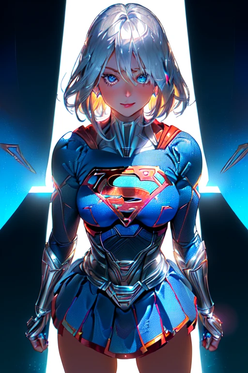 ((tanned adult woman), ((short blonde hair, blue colored eyes,)), slim and beautiful smile, ((dressed like a supergirl umlwotard, with silver details on the hips, right on the butt)), red lipgloss stick, ( (standing, looking at the camera)), Masterpiece artwork, high qualiy, back-illuminated)),Idiot behind the thong