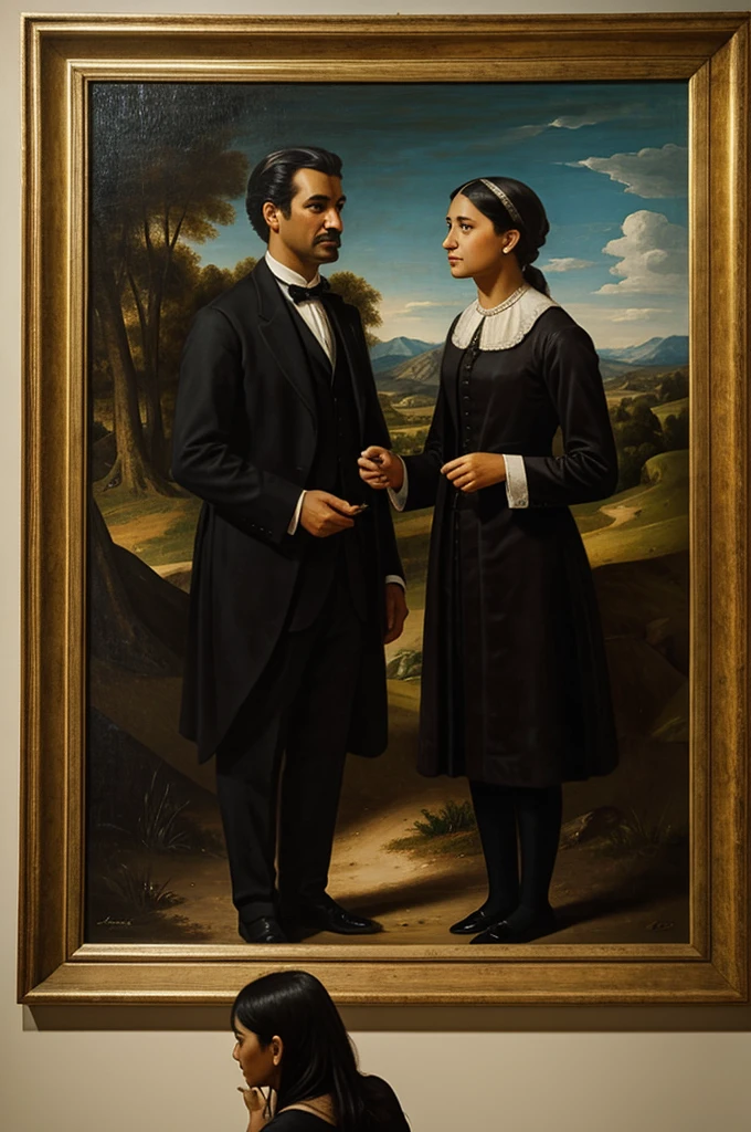 Two names talking in front of a painting