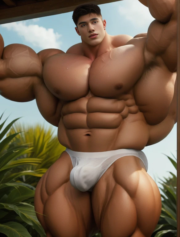 1boy, giant, bodybuilding pose, stand, illuminating light, strong body, bulk, large size, staring, armpit, musk & sweaty, fully-exposed, outdoor, at the backyard area, nude, white triangular underwear, prominent bulge, extraordinary big, brutalmass, giant, muscular body, bulk, buff, massive body, large meaty body size, extremely wide body