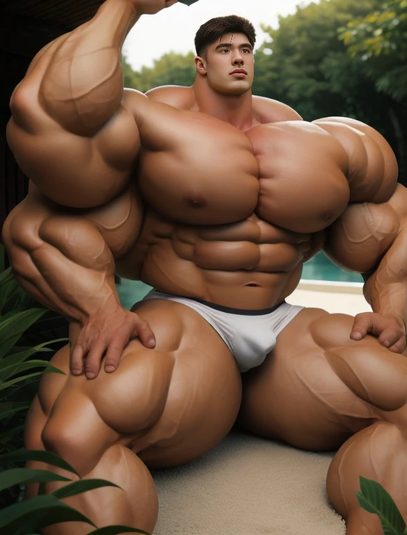 1boy, giant, bodybuilding pose, stand, illuminating light, strong body, bulk, large size, staring, armpit, musk & sweaty, fully-exposed, outdoor, at the backyard area, nude, white triangular underwear, prominent bulge, extraordinary big, brutalmass, giant, muscular body, bulk, buff, massive body, large meaty body size, extremely wide body