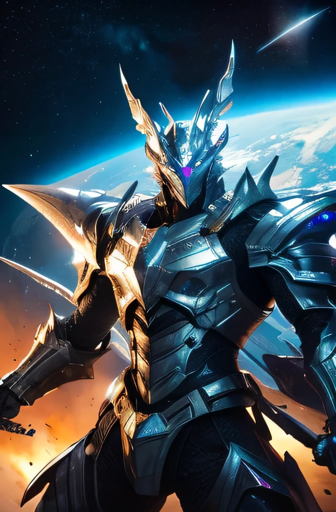 Highest quality、photograph、8K、Fantasy、detailed、Giant dragon-like robot、18 Covered in dragon-like scales、(Diffuse reflection of sunlight、Silver-white body that shines like a diamond)、Complex Texture、Solidly constructed and textured body、(Large hand-held weapons、Large Rifle、Big sword)、Dragon-like head、The face is accurately drawn、Flying in Space、Space War、milky way、masterpiece
