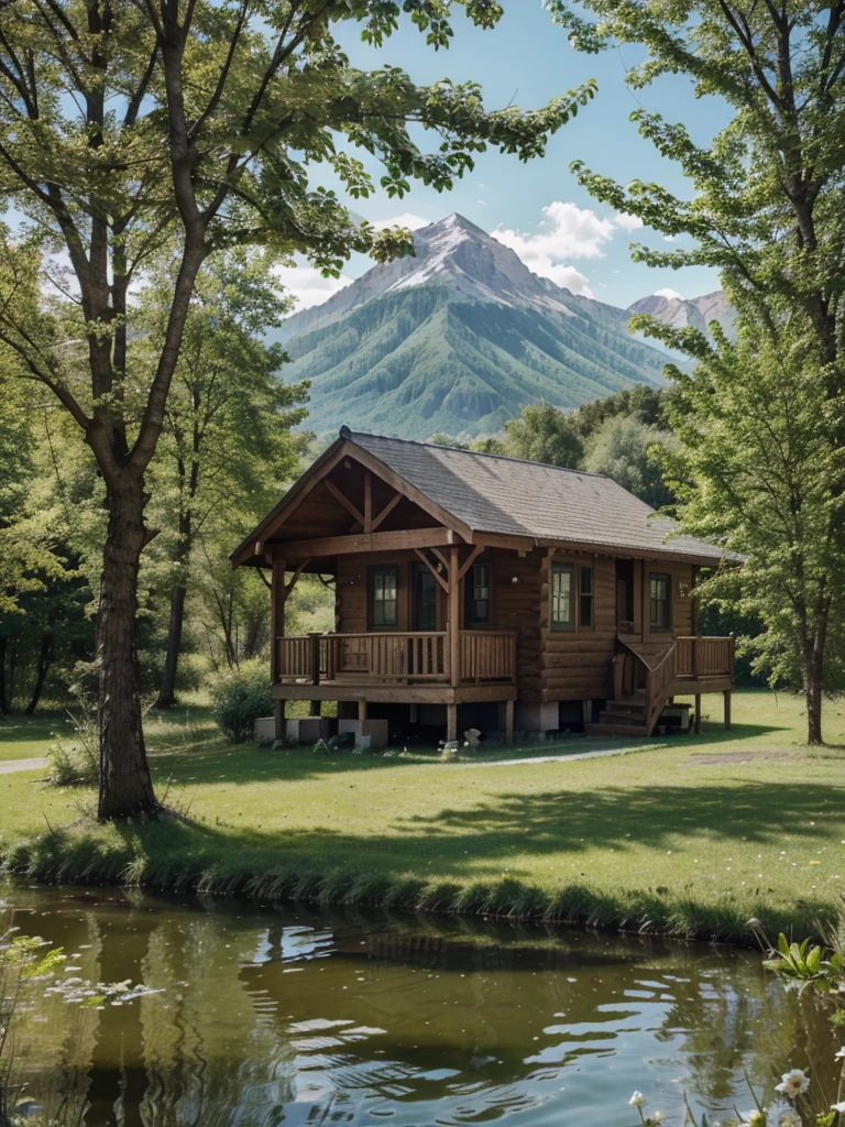 photo of a small wooden house on the left of a large lake, green landscape of spring, behind are large mountains, green trees all around