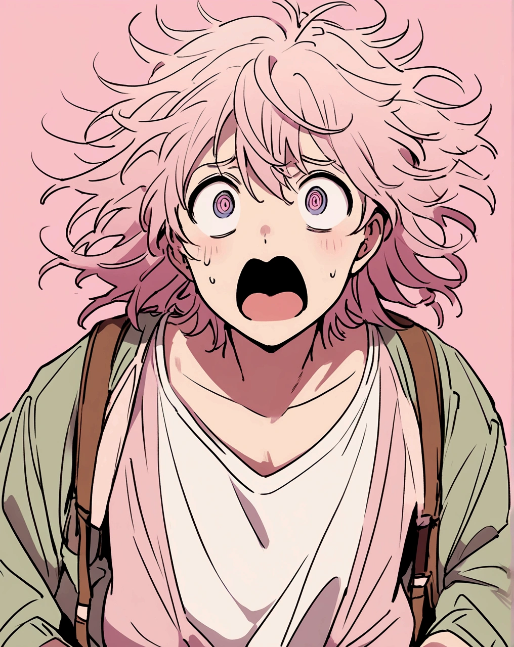 Generate an anime-style illustration of a surprised boy with short, messy hair. He has wide, expressive eyes and a small mouth open in astonishment. The boy is wearing a casual outfit consisting of a loose jacket over a simple top and shorts. He also carries a backpack. The background should be a solid, pastel pink color, and the overall style should be clean and detailed, with attention to the character's expressive features and the flow of his hair and clothing."