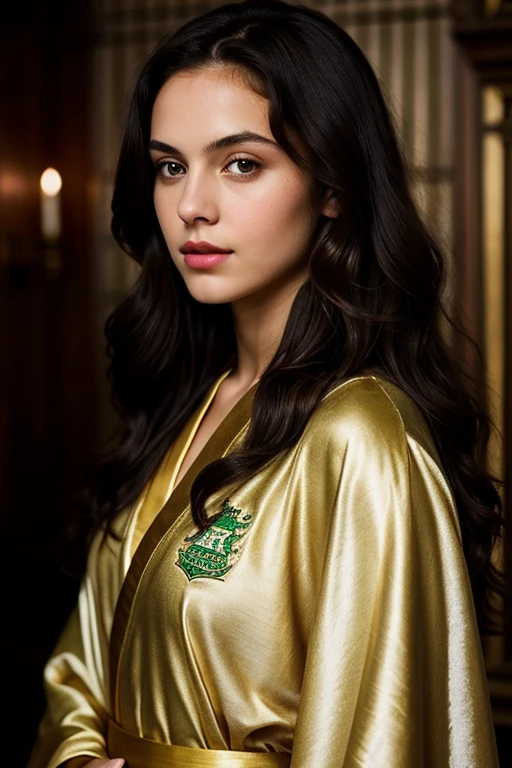 A girl, dark brown hair, , good body, linda, slim, beautiful with golden eyes, realistic look, dressed in a Howards robe with the Slytherin emblem with a deep look and pink lips, hair down, long and wavy 