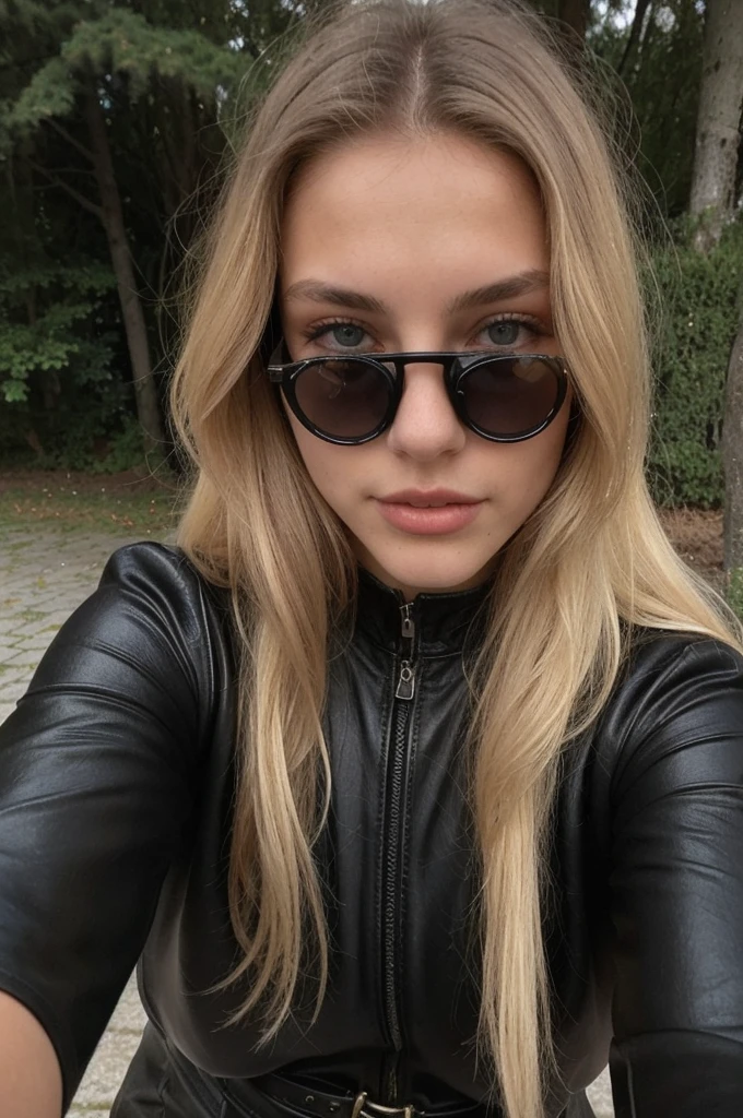 Photo en mode selfie, beautiful blonde ,very detailed, 20 ans, portant des lunettes de soleil, wearing a black leather jumpsuit, natural beauty, visage innocent, Longhaire, high resolution, head of&#39;artwork, best quality, intricate details, very detailed, sharpness, detailed skin, texture de peau realistic, texture, detailed eyes, Professionnel, 4K, charming smile, shot with Canon, 85mm, shallow depth of field, Kodak Vision Color, corps parfaitement ajusté , extremely detailed, la photographie_(ultra), photorealistic, realistic, Post-traitement, Maximum details, roughness, real life, ultra realistic, photorealism, la photographie, 8K  UHD, la photographie, tetas grandes