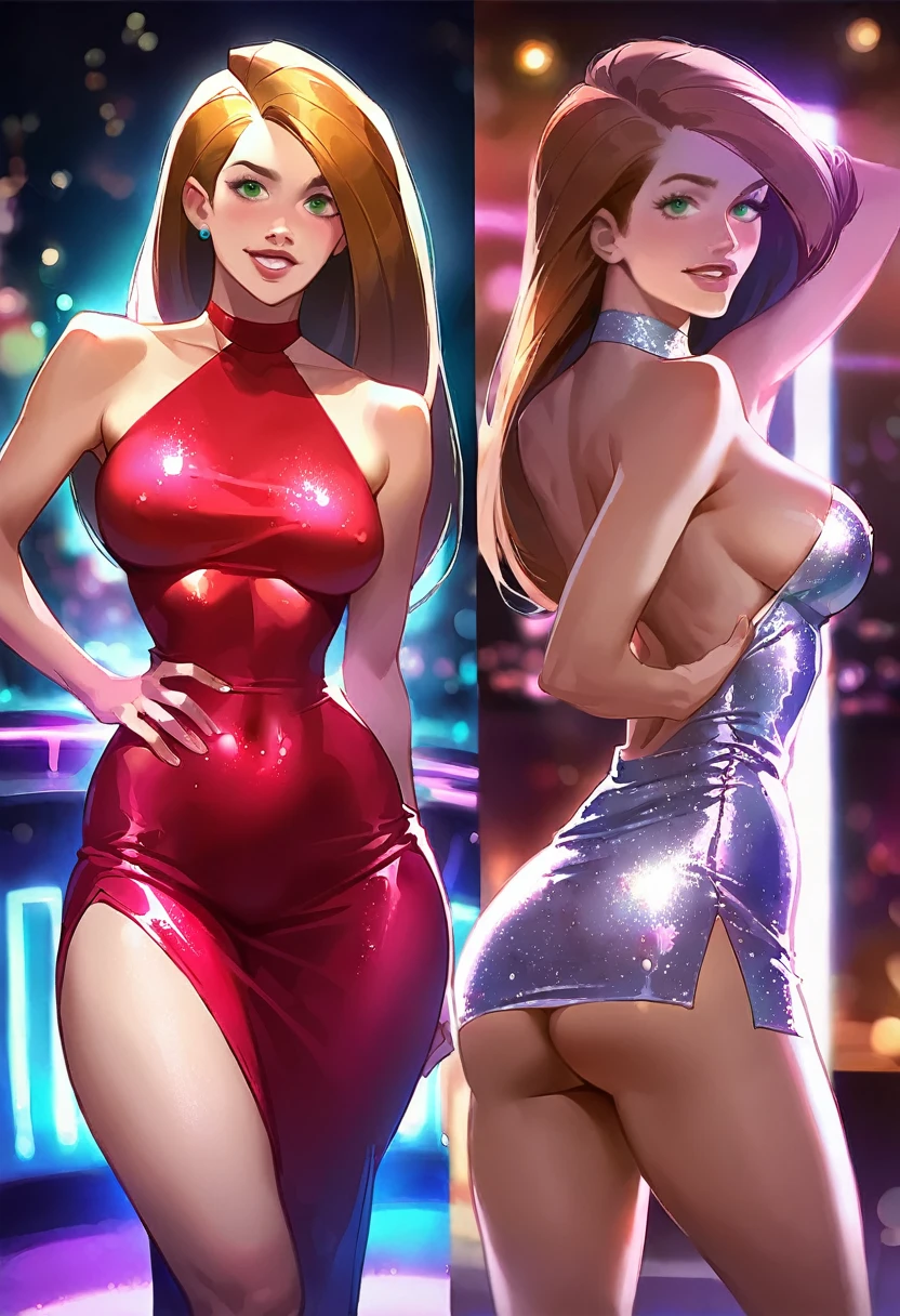 score_9, score_8_up, score_7_up, rating explicit, detailed soft lighting, source_cartoon, cartoon style, 1girl, (Kim Possible:1.1), wearing (red bodycon dress:1.1), beautiful eyes, open eyes, innocent smile, (masterpiece, best quality, highly detailed, beautiful, realistic), nightclub, VIP room, (standing, model poses:1.2).