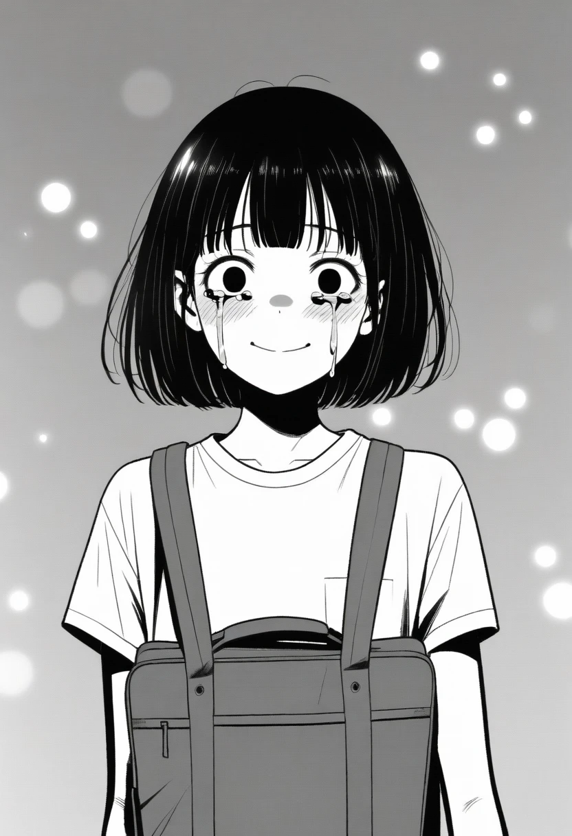 masterpiece, best quality, 1girl, mamerakkkkko, grayscale, manga style, japanese, chi no wadachi, black eyes, street, iced, black hair, schoolbag, smile, lineart, white background, white shirt, grey shorts, centered, 18 years old, tall, fair skinned, bokeh background, crying, tears, straight-on, tears streaming, bob cut
