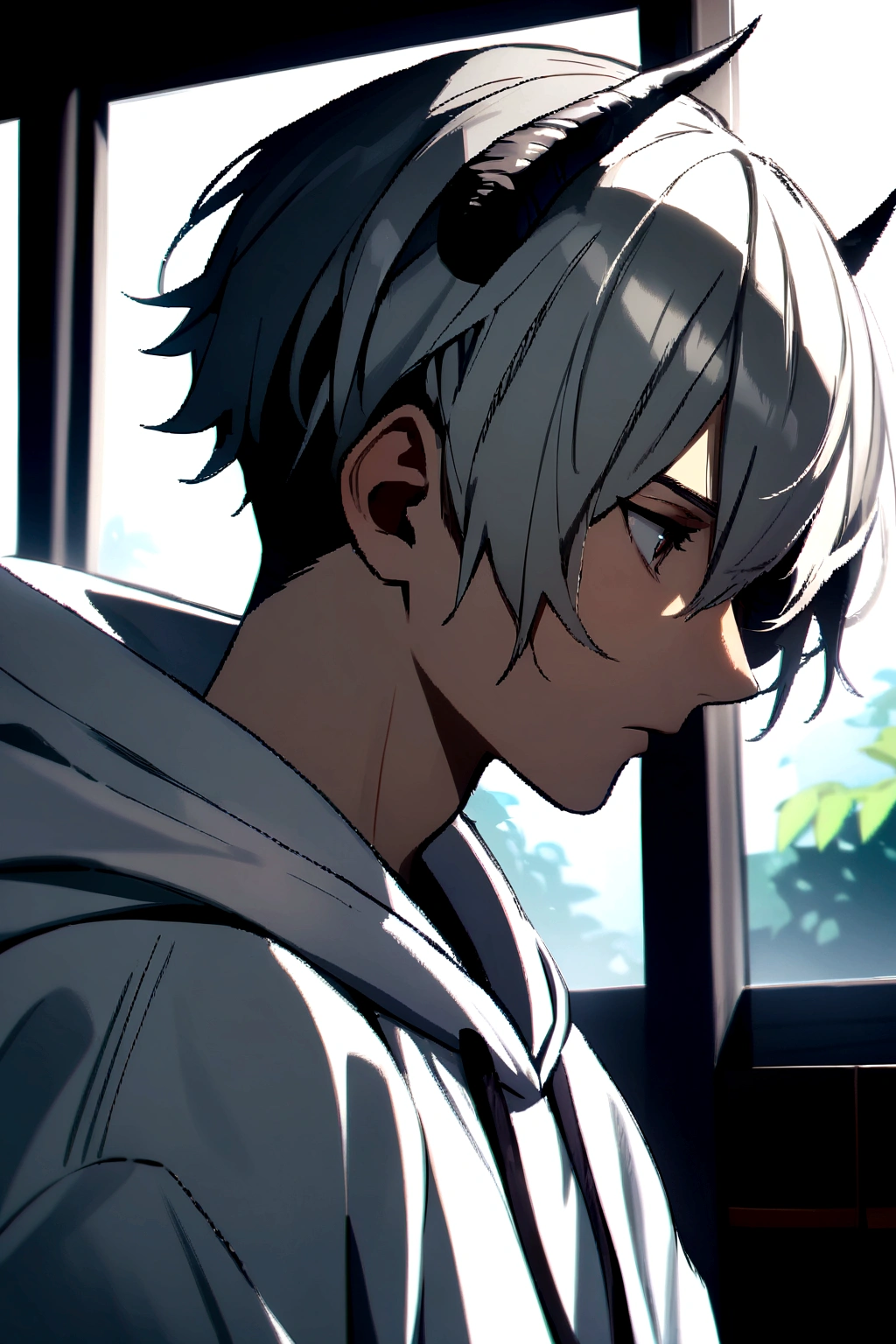 Boy, white, with gray hair, wearing a white hoodie, and black demon horns