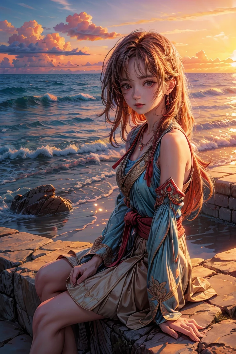 Sunset, wind up, girl sitting under stone pier, confused, HD 8k, masterpiece, blue-red sky, red sky, beautiful girl, long hair, wind, vibrant colors, soft light, deep field focus bokeh, ray tracing and surrealism, morning, warm sun, 8k, soft sun, detail, meticulous, perfect details, perfect composition, detailed facial description, middle face, beautiful, reflect,