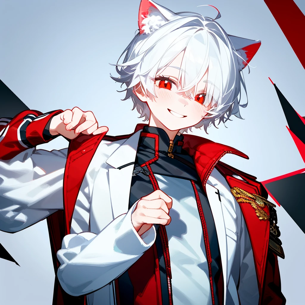 A solo cat boy, With white hair, red eyes, smiling photo pose , wearing jacket, bust up,cute boy