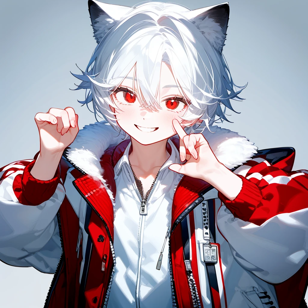 A solo cat boy, With white hair, red eyes, smiling photo pose , wearing jacket, bust up,cute boy