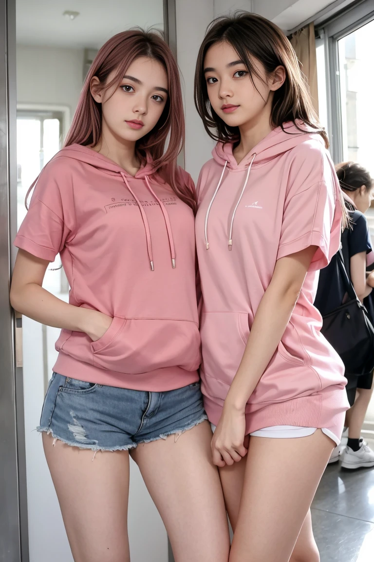 deux femmes ensemble de 18 ans sexy et mince , pink short sleeve hoodie , jambe visible , se touche,salle de classe,position sensuel