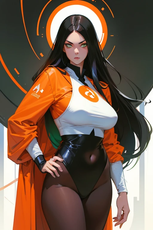 Alison Tyler as a monk warrior girl, greeneyes, long black hair, shoelaces, white and orange cyberpunk techwear clothes, vintage science fiction abstract background, art of moebius, arte de Ashley Wood