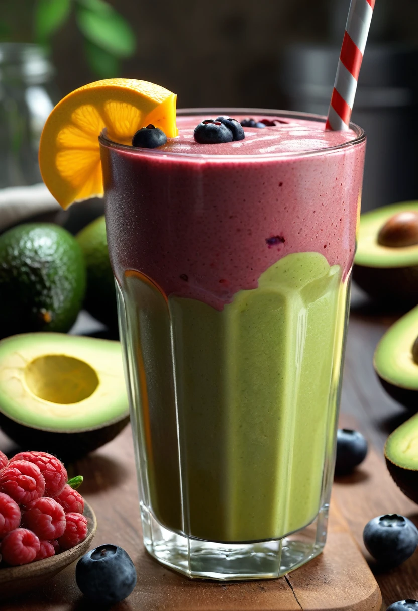 a close-up shot of a glass of smoothie made with avocados and berries, a cozy kitchen background, photography, illustration, 3d render, ultra hd detail, sharpen details, painting, Digital painting, Cinematic, Hyper-detailed, insane details, Beautifully color graded, Unreal Engine, DOF, Super-Resolution, Megapixel, Cinematic Lighting, Anti-Aliasing, FKAA, TXAA, RTX, SSAO, Post Processing, Post Production, Tone Mapping, CGI, VFX, SFX, Insanely detailed and intricate, Hyper maximalist, Hyper realistic, Volumetric, Photorealistic, ultra photoreal, ultra-detailed, intricate details, 8K, Super detailed, Full color, Volumetric lighting, HDR, Realistic, Unreal Engine, 16K, Sharp focus, —v testp

