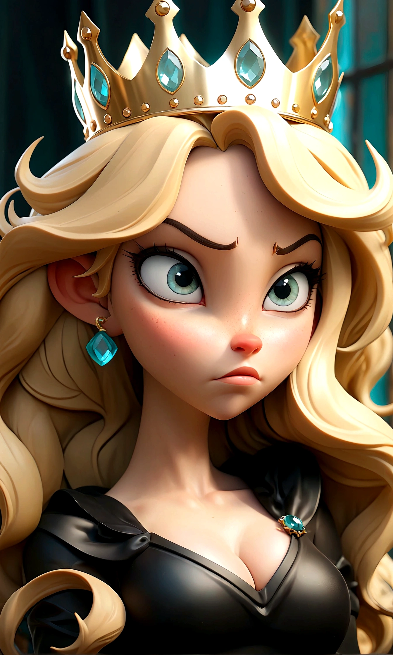 blonde hair, wavy hair, long hair, crown, aqua eyes, long pointy ears, blush, Surrealism, cinematic lighting, drop shadow, vignetting, vanishing point, f/16, 35mm, Sony FE GM, super detail, textured skin, high details, high quality, best quality, masterpiece, Black clothes, pointy medium breasts, thin waist, thick thighs, realistic
