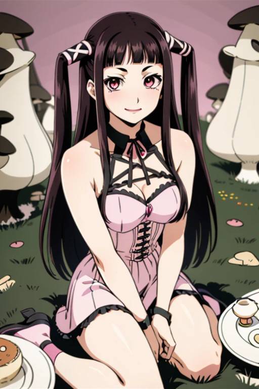 1girl,solo,black hair,smile,breasts,ribbon,long hair,two side up,hair ribbon,pink eyes,twintails,medium breasts,looking at viewer,bangs,blunt bangs,lipstick,(mushroom forest background:1.2),(silver trim :1.2),(Sitting, pretending to hold a teddy bear's tea party :1),