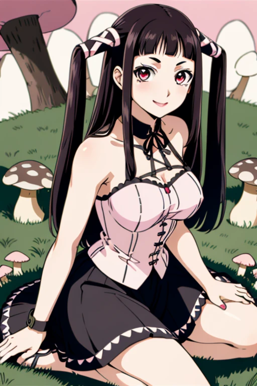 1girl,solo,black hair,smile,breasts,ribbon,long hair,two side up,hair ribbon,pink eyes,twintails,medium breasts,looking at viewer,bangs,blunt bangs,lipstick,(mushroom forest background:1.2),(silver trim :1.2),(Sitting, pretending to hold a teddy bear's tea party :1),