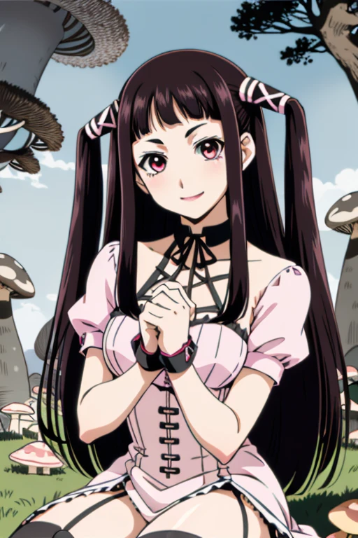 1girl,solo,black hair,smile,breasts,ribbon,long hair,two side up,hair ribbon,pink eyes,twintails,medium breasts,looking at viewer,bangs,blunt bangs,lipstick,(mushroom forest background:1.2),(silver trim :1.2),(Sitting, pretending to hold a teddy bear's tea party :1),