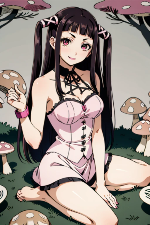 1girl,solo,black hair,smile,breasts,ribbon,long hair,two side up,hair ribbon,pink eyes,twintails,medium breasts,looking at viewer,bangs,blunt bangs,lipstick,(mushroom forest background:1.2),(silver trim :1.2),(Sitting, pretending to hold a teddy bear's tea party :1),