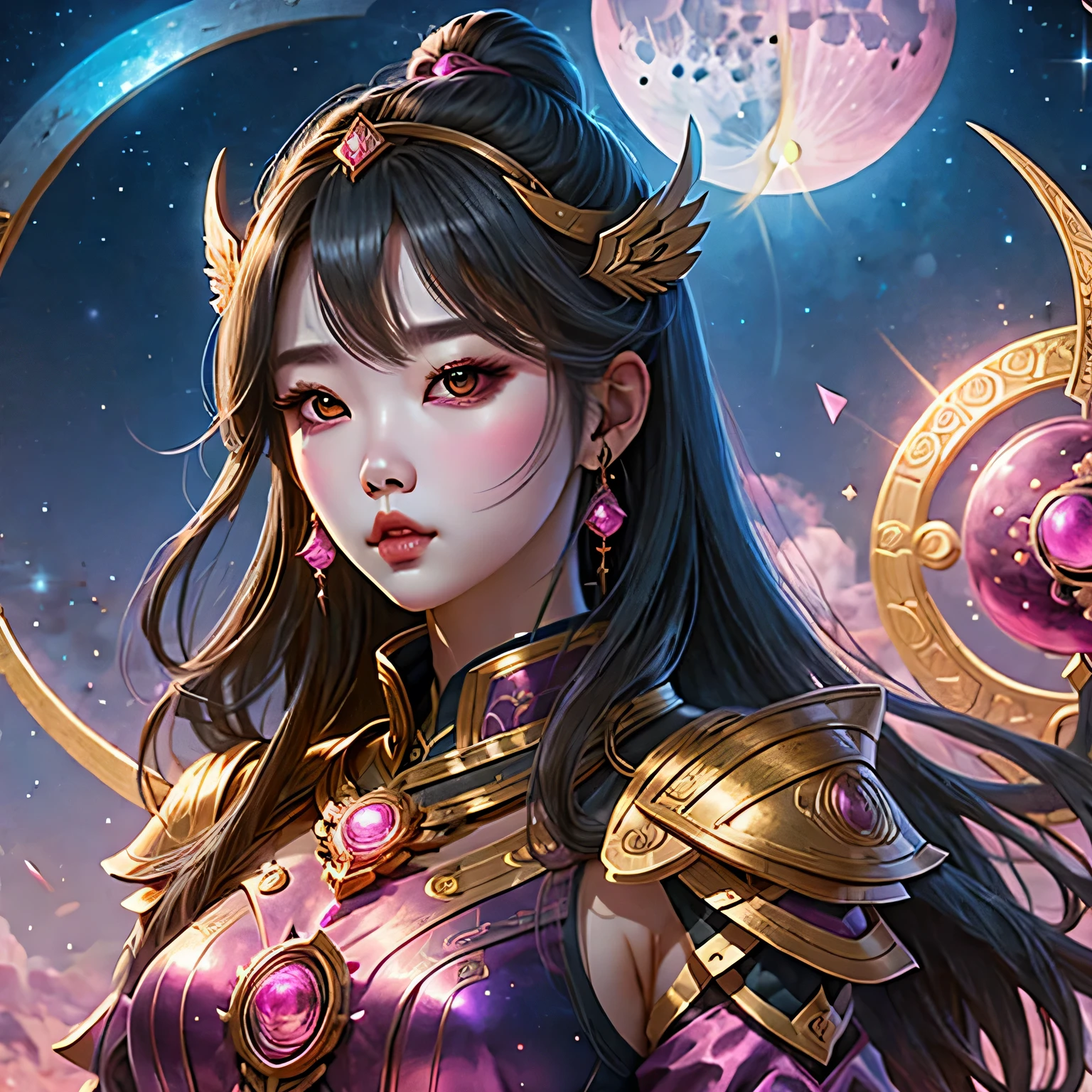 (masterpiece, best quality:1.2), 1girl, solo,moon goddess, futuristic armor, magenta and gold, sacred geometry, whip weapon, shadow demon, black mist, multiverse, cosmic warrior, Korean beauty, battle dress, moon crescents, dark and gritty, celestial runes, pointstone wand, night sky, starry backdrop, mystical symbols, dimensional travel, celestial guardian