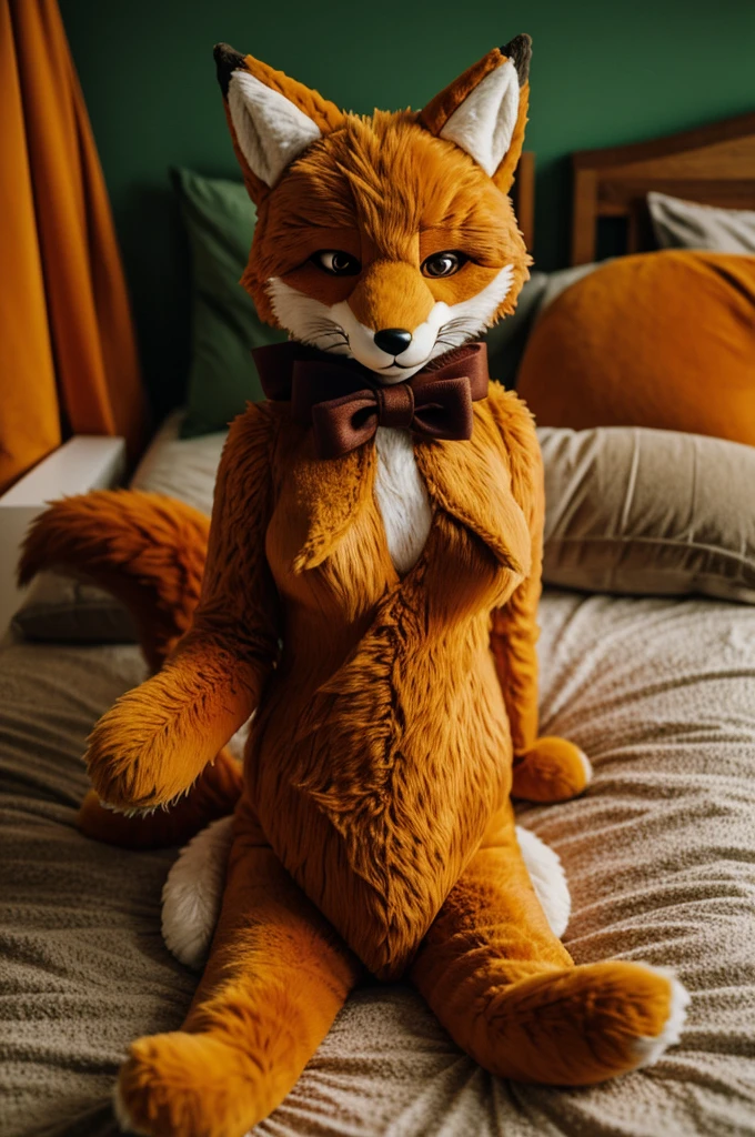 there is a stuffed fox sitting on a bed with green light, furry character, POV Furry Art, saints row Fursuit tails mod, Macro furry, Tonic the Fox, an anthropomorphic fox, the beautiful hairy fox, furry body, Toony, furry brown body, Furries with tails, fluffy orange peel, pelzige Fursona, furry chest, Fursuit, very blurry