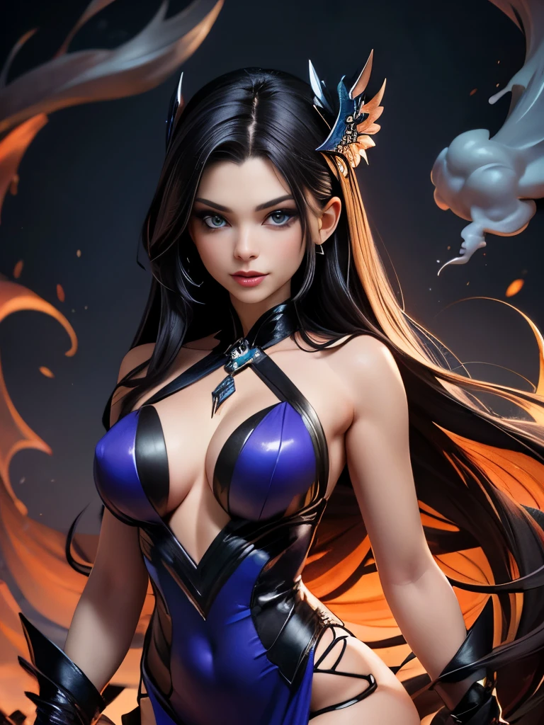 1 ultra hot gorgeous European woman. Age 23., full body shot. beautifully evil model, sophisticated sorceress, powerful goddess, super villainess, hourglass figure, purple dress, symmetrical, highly detailed face, long flowing black hair, mesmerizing blue eyes, lush red lips, coy smile, enticing, alluring, facing viewer, looking at viewer, blue smoke swirls around her, real, high detail, best quality